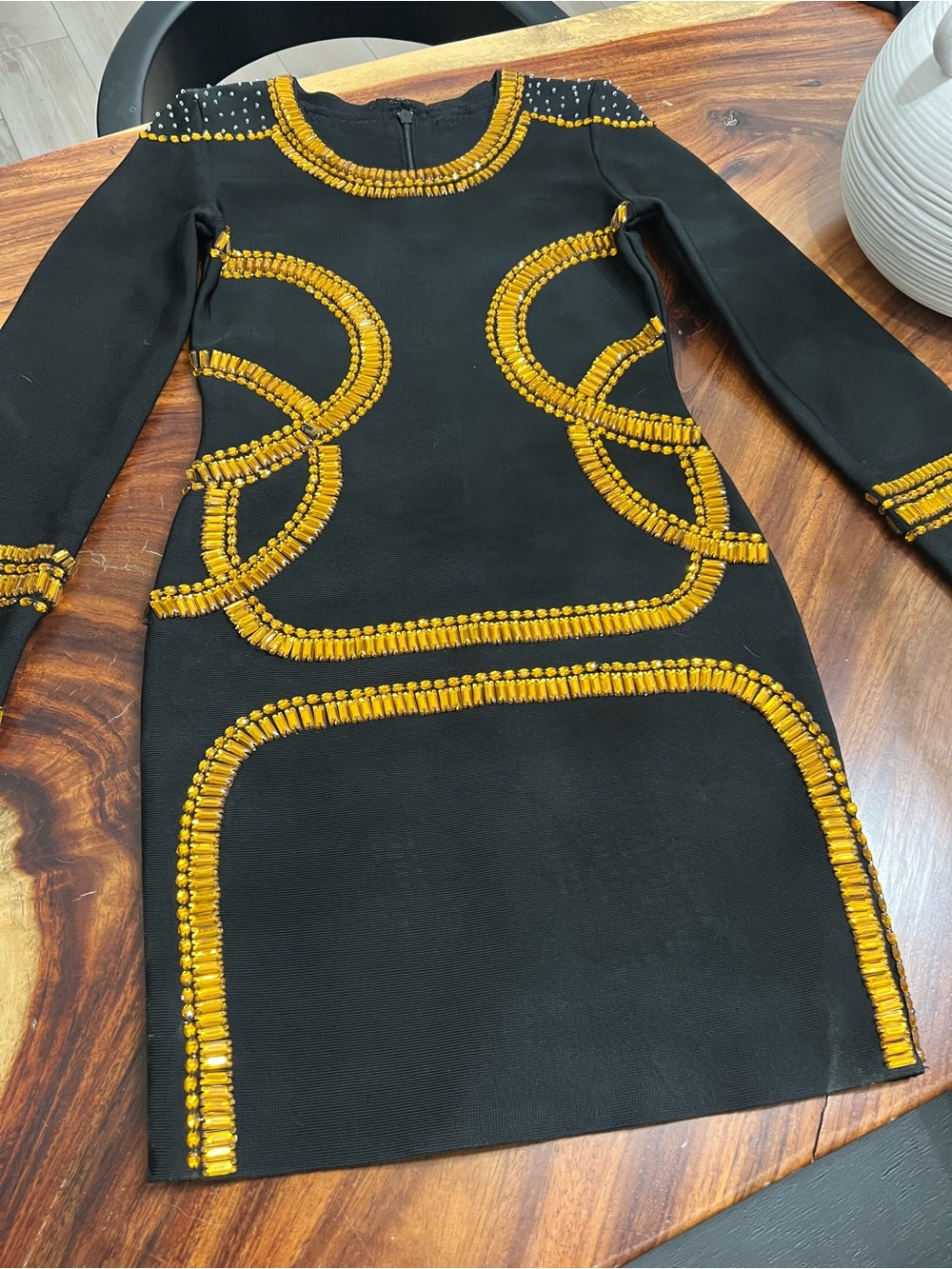 Black Long-Sleeve Mini Dress with Gold Beaded Trim